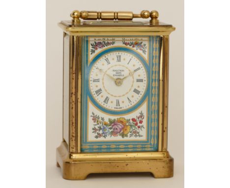 Halcyon Days, a 20th century gilt brass and enamel carriage timepiece, the dial with black Roman numerals and floral decorati