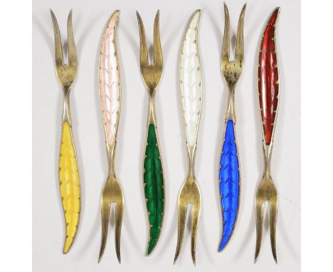 Ottar Hval, a Norwegian silver gilt and enamel set of six pickle forks, Oslo, c.1960's, each with a different colour guilloch