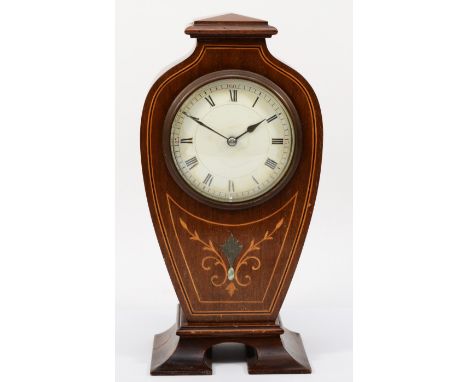 An Edwardian inlaid mahogany lyre shaped mantle clock, the French brass movement with silent and fall lever, raised on shaped