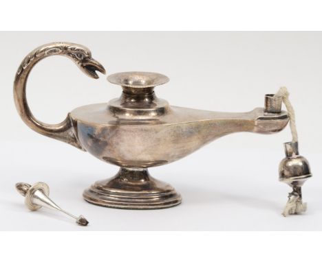 A silver "Aladdin's Lamp" petrol table lighter, Birmingham 1926, with eagles head handle, 15.5cm, loaded