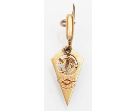 A rare Victorian unmarked gold Masonic trowel brooch, with pierced G and engraved all seeing eye above, 19mm, 0.7gm 