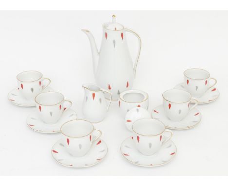 A Bavaria German porcelain coffee set comprising of six cups and saucers, coffee pot, milk jug and sugar bowl with red and gr