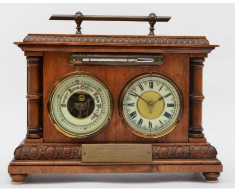 An early 20th century beech cased desktop barometer/clock with applied thermometer, with carrying handle raised on turned fee