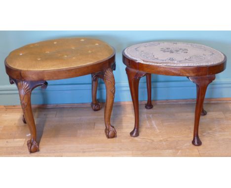 A 19th century walnut framed dressing table stool, with button velvet drop in seat raised on cabriole supports terminating in