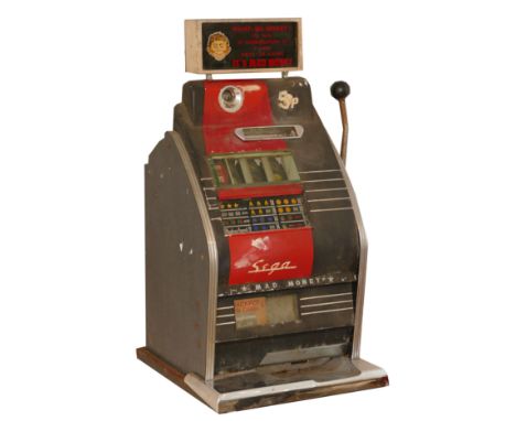 Mad Money by Sega Enterprises Ltd. one arm bandit electromechanical three reel slot machine, c. 1960, 5p play, no back, 81 x 