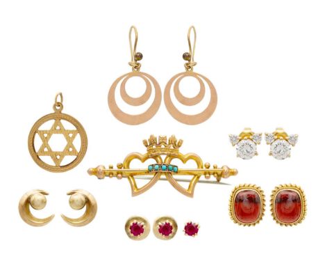 A selection of gold jewels. To include a Victorian turquoise set brooch designed at a pair of crowned hearts, Birmingham hall