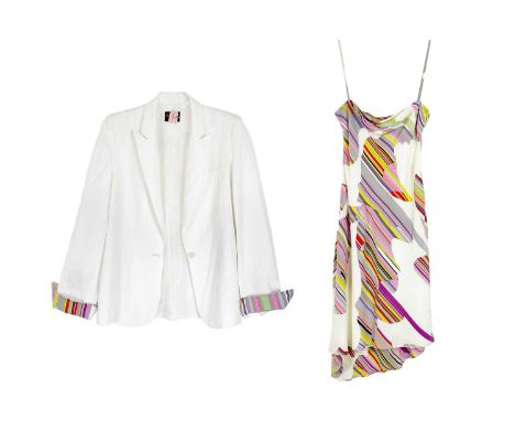 A Christian Lacroix Bazar blazer and dress. The dress is 100% silk, in a colourful striped design, with a plain white blazer 