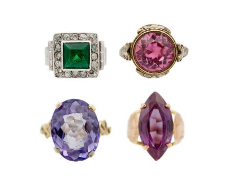 A selection of four gem set dress rings, mounted in gold. To include a synthetic Alexandrite marquise cut ring set in rose go