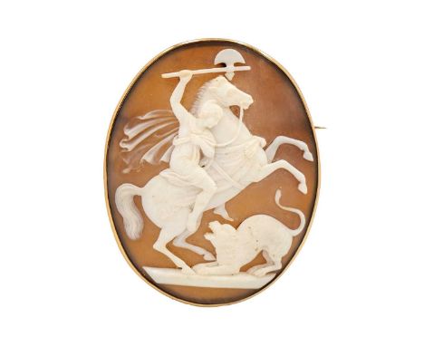 A 19th century Italian shell cameo gold mounted brooch. Carved as a huntress on a rearing horseback with an axe and a tiger, 