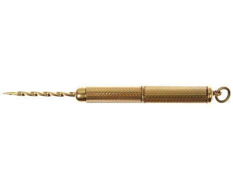 ASPREY & CO - A 9ct engine turned propelling cigar drill fob.  Birmingham 1967, 5.77g.Good condition. No personal engraving.