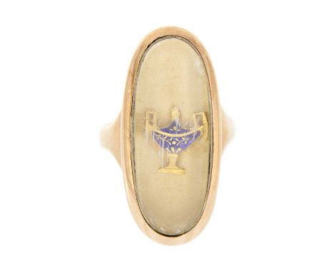 A George III rose gold memorial ring with glazed gilt enamel urn. Of oval form, the back inscribed 'David Stuart died March 1