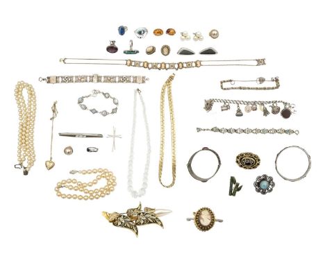 A large collection of costume jewellery. Including a silver charm bracelet, 59.5g, a Victorian gold plated mourning brooch, a