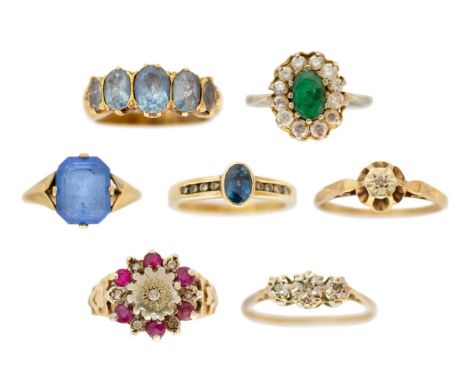 A selection of six 9ct gem set rings. Weight 17.6g. Together with a silver cluster set in the centre with an emerald.Five sto