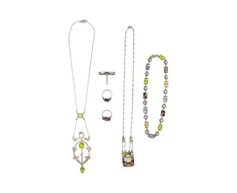 A collection of silver paste and gem set jewels. To include an Arts &amp; Crafts style white spinel, citrine and topaz pendan