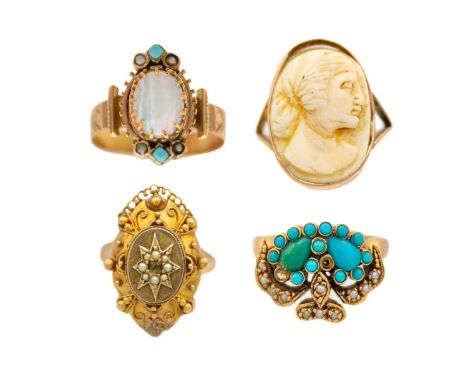 A selection of four gold dress rings. One is Edwardian set with turquoise and seed pearls, hallmarked Birmingham 1904, size N