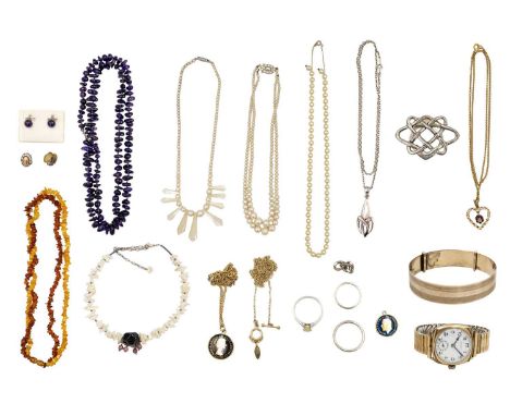 A quantity of costume jewellery. To include a 9ct front and back expanding bangle, a manual wind gentleman's wristwatch with 