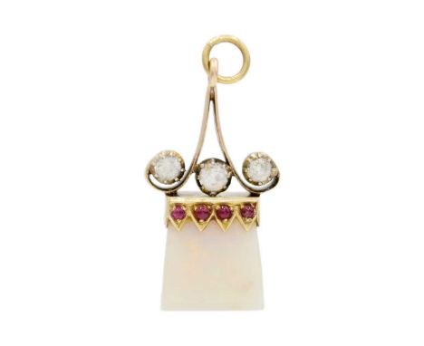 A gold-mounted white opal, white sapphire and ruby cabochon set pendant. The opal displaying orange, green, blue, yellow and 
