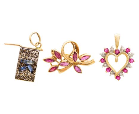 A selection of three gem-set gold jewels. To inlcude a 9ct ruby set foliate design small brooch, width 20mm, a ruby and tiny 