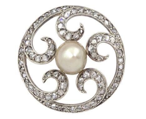 19th/early 20th century diamond and pearl circular brooch, channel set rose cut diamonds to a central light champagne coloure