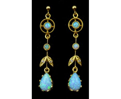 Pair of silver-gilt opal pendant earrings, stamped 925Condition Report:Earring length = 45mm, good condition 