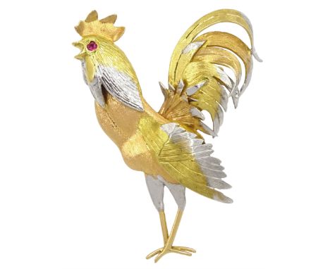 18ct white, rose and yellow gold cockerel brooch with ruby set eye, maker's mark TAD, hallmarkedCondition Report:Approx 13.6g