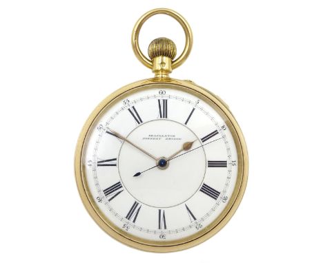 Victorian 18ct gold open face keyless lever chronograph pocket watch by P. Shackleton, Sowerby Bridge, No. 27427, white ename