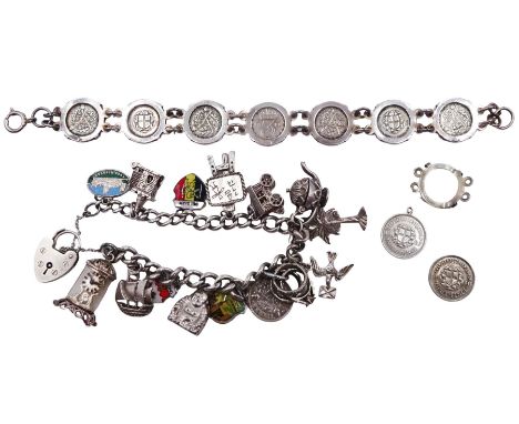 Silver charm bracelet including teapot, caravan, clock, viking boat and easel and a silver coin braceletCondition Report:Appr