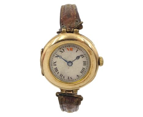 Rolex 9ct gold manual wind wristwatch, enamel dial with Roman numerals and red 12, case by Dennison, Birmingham 1919, on brow