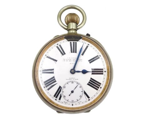 Early 20th century goliath keyless Swiss lever pocket watch by M M &amp; Co, patent No. 10292, retailed by J. C. Vickery 'To 