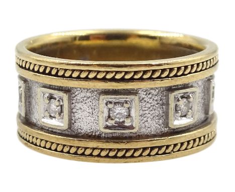 9ct white and yellow gold Byzantine style five stone diamond ring, hallmarked Condition Report:Approx 5.9gm, size J-K, band d