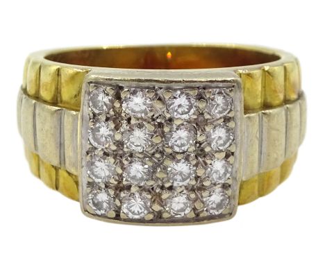 18ct gold signet ring with four rows of pave set round brilliant cut diamonds and two tone gold stepped shouldersCondition Re