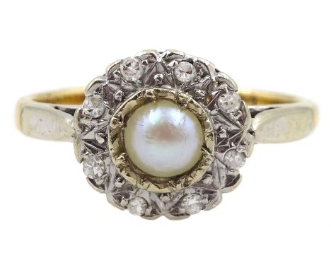 18ct gold diamond and split pearl circular ring, hallmarked