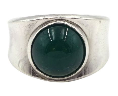 Georg Jensen single stone cabochon green agate ring, No. 124Condition Report:Size N, max ring depth =12mm, light scratches to