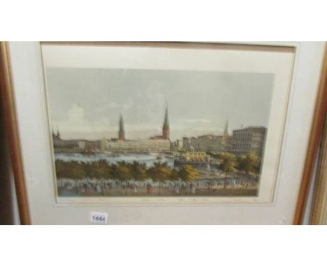 A framed and glazed continental river scene print, COLLECT ONLY.