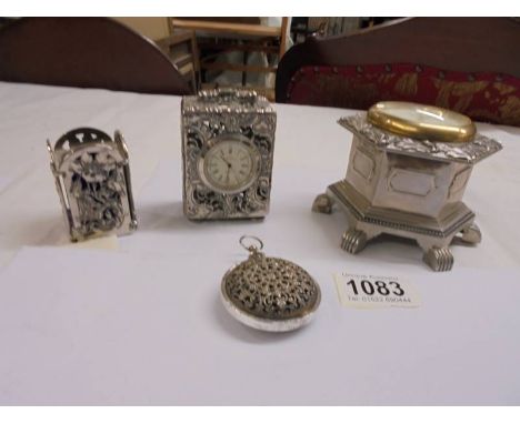 A miniature quartz clock and a trinket box with clock inset, both by First Impressions, a small pot with blue glass liner and
