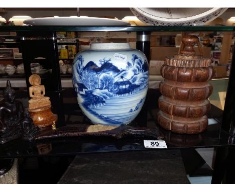 A selection of Oriental/Eastern items including dagger in sheath, wooden paint pot, ginger jar (missing lid) and buddha'sGing