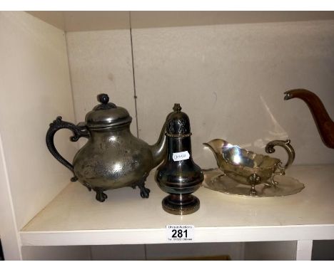 A silver plated gravy boat on plate, sugar sifter &amp; teapot