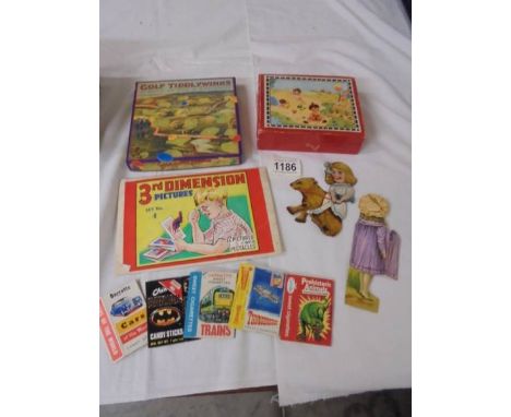 A golf tiddley winks game, vintage picture blocks, 3rd Dimension pictures etc.