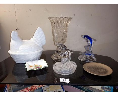 A Poole pottery owl plate, glass dolphin ornaments, celery vase, white glass hen egg dish etc