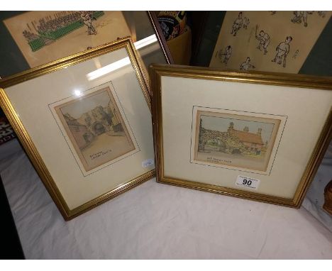 2 small framed watercolours of old Roman gate and gateway Lincoln 12cm x 10cm frame 26cm x 23.5cm