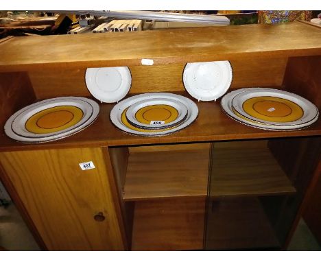 A quantity of vintage 9 Midwinter Stonehenge sun plates various sizes2 white saucers 16cm, 2 round plates 18cm, 2 round plate