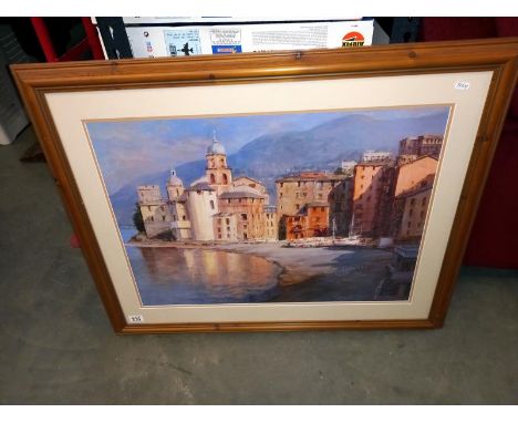 A large framed print Mediterranean coastal town, 90cm x 72cm (COLLECT ONLY)