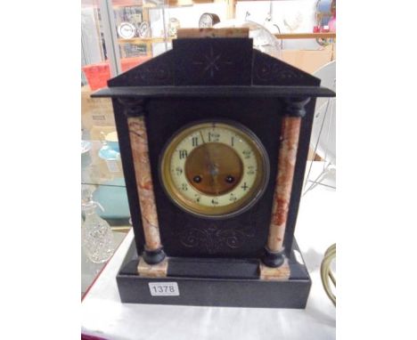 A heavy Victorian black slate Paladian style mantel clock, COLLECT ONLY.