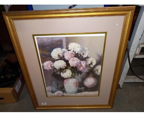 A large gilt framed print, still life of vase of flowers, 67cm x 79cm (COLLECT ONLY)