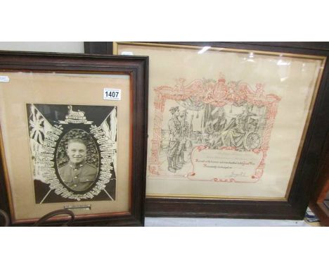 A framed 1914 Egypt Lincolnshire Regiment photo print and a 1919 discharge certificate.