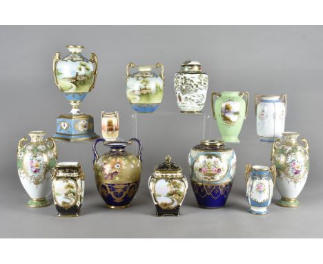 A collection of Noritake porcelain vases, all painted with landscapes and flowers, to include a green floral decorated ovoid 