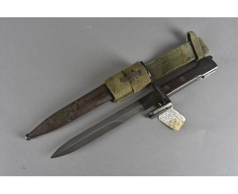 A British Trials Pattern x2E1 bayonet and scabbard, made in Belgium, 3109 to handle, x1E! To top of scabbard, complete with f