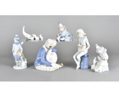 A collection of Spanish porcelain, clown figures, including a Lladro figure of a goose and goslings, another of young boy in 