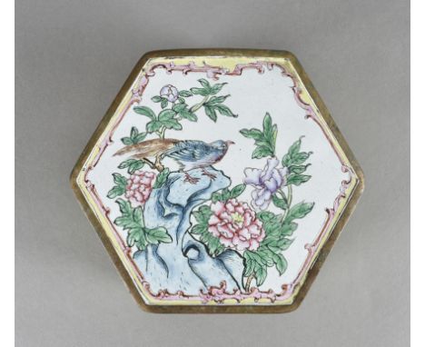 A Chinese enamel hexagonal box with hinged lid,  with painted scenes of exotic birds and flowers 14 cm wide x 15 cm long x 7 