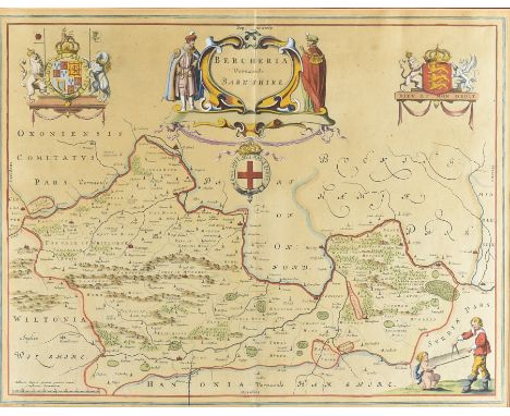 A 17th Century later coloured map of Berkshire, framed and glazed, 39 cm x 50 cm, together with city and university map of Ox